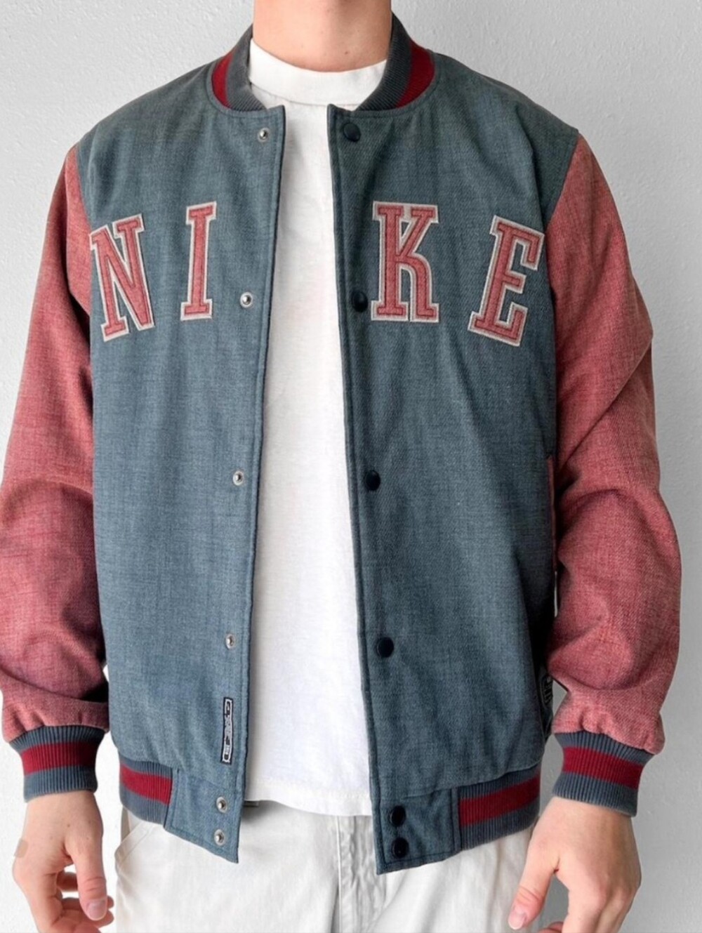 Vintage Nike Men's Two-Tone Denim Bomber Jacket in Blue/ Red Sz M
